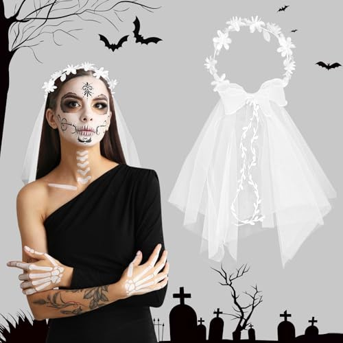 ARONRAVE Halloween Brautschleier, Schleier Braut Weiße Blume Kopfschmuck für Mädchen mit Blüten Perlen Hochzeit Haarbänder Halloween Festival