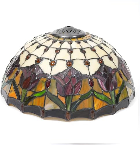 BOTOWI Tiffany Lamp Shade Replacement, 16 Inch Stained Glass Lampshades, Antique Tulip Sunflower Crystal Beads Mediterranean Design Light Cover, Only for Table Lamp Floor Lamp Pendant,Red Tulip