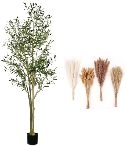 Künstlicher Olivenbaum, künstlicher Olivenbaum, 1,8 m, Olivenbäume, künstlicher Innenbereich, mit natürlichem Holzstamm und realistischen Blättern und Früchten. 183 cm künstlicher Olivenbaum für