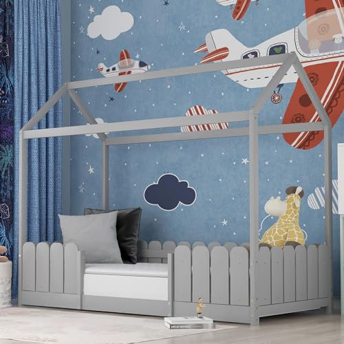 BXEYXE Hausbett 90x200 cm - vielseitiges Holz Kinderbett für Jungen & Mädchen - Mit Rausfallschutz und Lattenrost – Grau (Ohne Matratze)