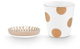 PIP STUDIO Dot Delight Taza sin asa y bandeja para té, color blanco y dorado, 230 ml