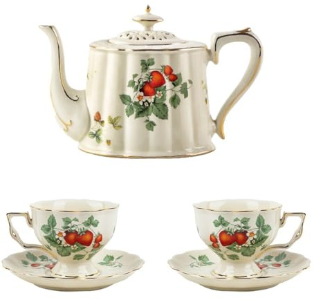 XINRUI Juego de té de porcelana de estilo británico, tetera de cerámica con diseño de fresa, tazas y platillos, juego de regalo, tetera de 900 ml, tazas de 220 ml, ideal for té de la tarde, bodas