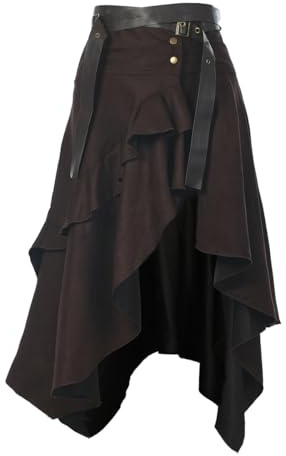 Gonna in pelle scamosciata vintage da donna, stile gotico punk, irregolare, increspato, a vita alta, gonna a trapezio con cintura, Marrone, L