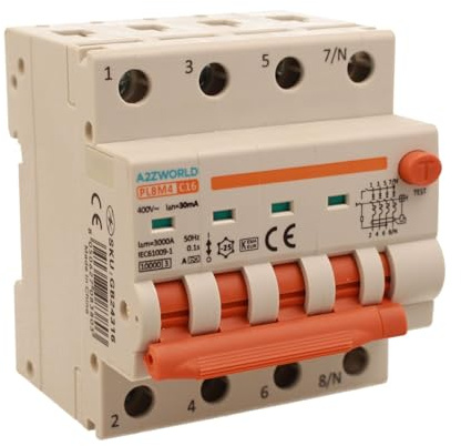 A2ZWORLD Interrupteur magnétothermique différentiel triphasé, type A 30 mA, RCBO Classe A 4P C16 16 A, courbe C 3P+N 6000A, occupe 4 modules DIN, AC 400 V IP20