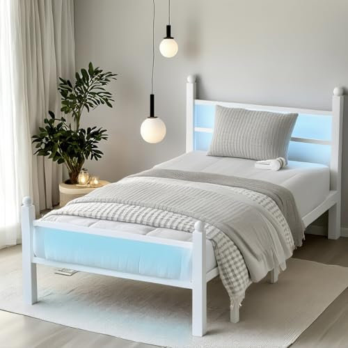 CLIBFENG Twin Bed Frame with Headboard and Footboard,Steel Slats Support-LED Bed Frame with USB Charging Station,Mattress Foundation-Under Bed Storage,No Box Spring Needed,Noise Free,White