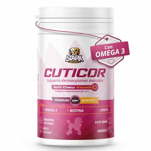 Stark Cuticor - Integratore per la salute della pelle e pelo cani. Con Omega-3, Biotina, Zinco, Collagene e Vitamine C+E riduce Prurito, Irritazioni e perdita di pelo 60 Bocconcini 180 g