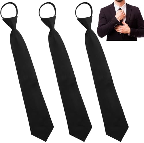 Krawatte Schwarz,3x Schwarze Krawatte Herren,verstellbar Reißverschluss-Tie | Vorgebundene Krawatten für Herren, unkomplizierter Hemd-Schmuck zur Hochzeit, edles Design