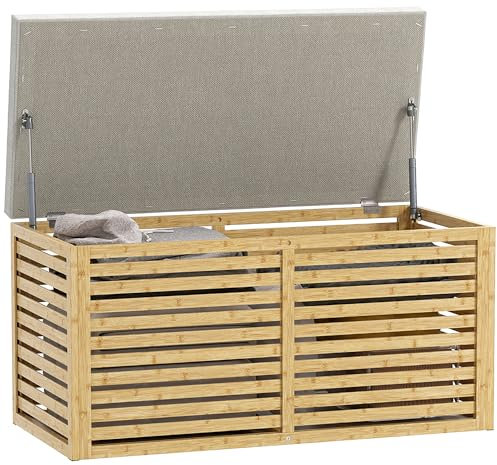 HOMCOM Baúl de Almacenaje para Dormitorio 122L Taburete de Almacenaje Tapizado en Lino Sintético con Cojín Marco de Bambú para Entrada Salón 90x42x43 cm Gris y Natural