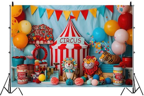 Ttincceer 1,5x1m Cirque Toile de Fond Mignon Lion Tigre Jouets Carnaval fête Photographie Fond Enfants garçon 1er Anniversaire fête Photo arrière-Plans Nouveau-né Baby Shower Studio Portrait Prop