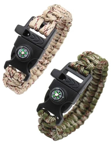 KGDUYC Pulsera de 2 piezas de cuerda de paracaídas trenzada, pulsera de supervivencia al aire libre, pulsera multiusos de cuerda de paracaídas,silbato,brújula, actividades al aire libre (2 camuflaje)