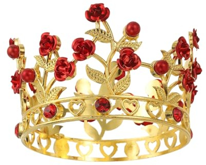 sourcing map Mini Crown Cake Toppers, Alloy Queen Princess Little Crown Tiara Cupcake Heart Shaped with Pearl & Rose for Birthday Cake Decor Wedding Party, Gold/Red/Red