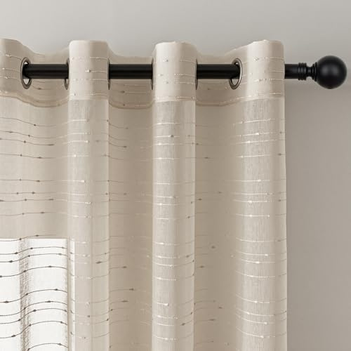 MYSKY HOME Gardin beige gardiner med öljetter voile gardiner barnrum gardin vardagsrum set om 2 moderna ränder öljettgardin, transparent, dekorativ gardin för sovrum H 245 x B 140, beige.