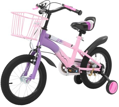 ACROSSPART 14 Zoll Kinderfahrrad, Fahrrad Kinder mit Stützräder und Korb, Kinderfahrrad ab 3 Jahre, Höhenverstellbares Fahrrad Kinder, Kinderfahrräder mit Duales Bremssystem (Lila)