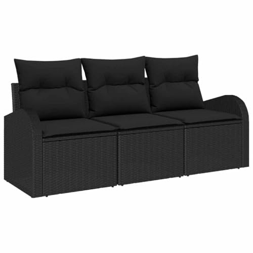 vidaXL 3-teiliges Garten-Sofa-Set mit Kissen - Schwarz, Poly Rattan, modulare Outdoor-Sitzgruppe, verstellbare Füße, für Terrasse und Patio
