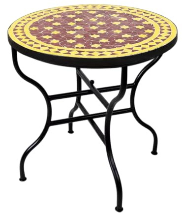 ORIGINAL Marokkanischer Mosaiktisch Gartentisch ø 80cm Groß rund klappbar | Runder klappbarer Mosaik Esstisch Mediterran | als Klapptisch für Balkon oder Garten | Estrella Bordeaux Gelb