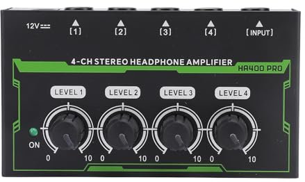 Amplificador de Auriculares de 4 Canales, Salida Entrada 6.35 Mm Sturdes Metal Housing Bourking Amplificador Auriculares Estéreo para Mezclar Studio (EU Enchufe 100‑240V)