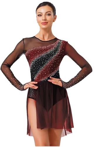 Freebily Damen Eiskunstlauf Kleid Glitzer Langarm Ballett Tanzkleid Trikot Mit Strass Rollkunstlauf Gymnastik Tanzkostüm