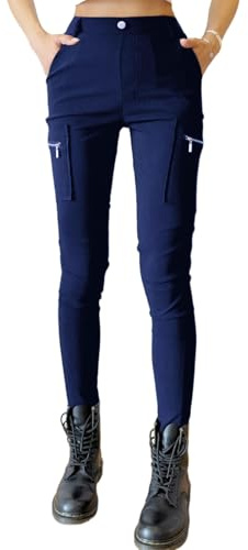Nuofengkudu Pantaloni Aderenti Cargo Donna Elasticizzata Vita Alta Tasche Zip Laterale Skinny Gamba Lavoro Slim Fit Utility Leggings Pull on Passante Stretch Pants Teenager Streetwear Blu Navy XS
