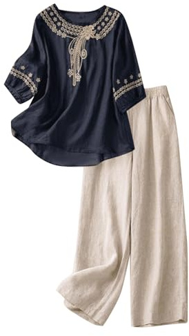 Linen Co Ord Sets for Women Quarter Sleeve Embroidered Shirt Ladies Leisure Casual Summer Autumn 2 Piece Sets Outfits Loungewear Wide Leg Trousers Palazzo Pants Set Tracksuits Lounge Wear