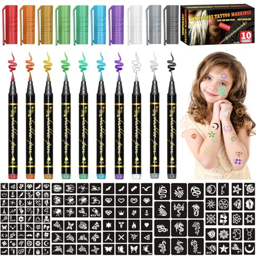 Set di 10 penne per tatuaggi per bambini e adulti, impermeabili, con 5 modelli per tatuaggi, per adulti, per compleanni, feste, Pasqua, Halloween