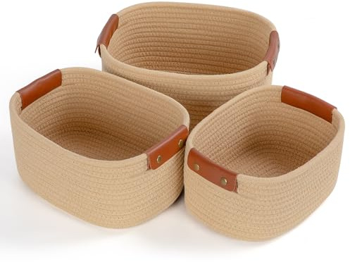 Otauoaea Cestas Almacenaje Tejidas con Cuerda de Algodón,Juego de 3 Cesta Organizadora Bebe, Cestos Organizadores para Salones, Armarios, Juguetes y Baño(Yute)