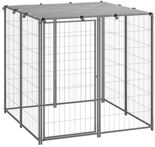 Hundezwinger Outdoor mit Sonnenschutz, Haustierzaun zum Spielen, Trainieren und Austoben, Robust und langlebig, 110 x 110 x 110 cm Silbern Stahl