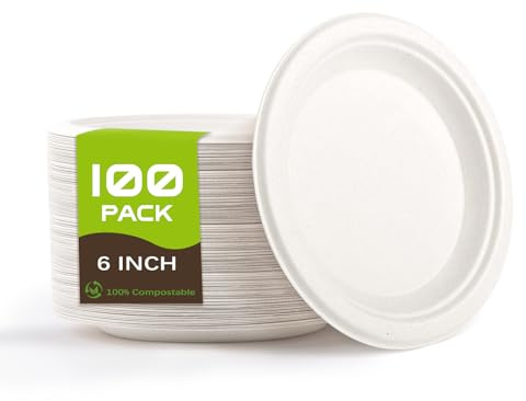 Platos Desechables 100Piezas,Cubiertos Desechables 100% Compostables-15.2cm | Cubiertos Desechables de Caña de Azúcar Biodegradables,Vajilla Desechable para Cumpleaños,Fiestas,Cámping,Picnic(Blanco)