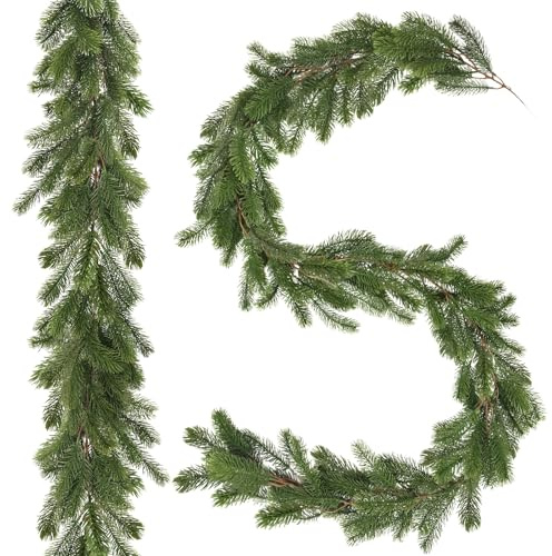 ROLLWAY 2 Stück Tannengirlande Künstlich wie echt, 195cm Künstliche Tannengirlande Spritzguss Tannenzweige Girlande Tannen Weihnachtsgirlande Deko Weihnachten Tannengrün Winter für Treppe, Kamin,Tisch