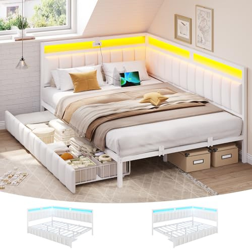 DICTAC Polsterbett Schlafsofa 140x200 mit 2 Schubladen und USB-Ladestation Betten 140x200 mit LED-Beleuchtung & Lattenrost aus Metall,Tagesbett, Doppelbett, Gästebet, Leinen - ohne Matratze,Beige