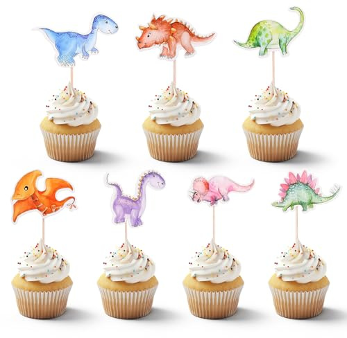 42 adornos de papel de dinosaurio para cupcakes, decoración de cumpleaños de dinosaurios, decoración para tarta de cumpleaños infantil, dinosaurios