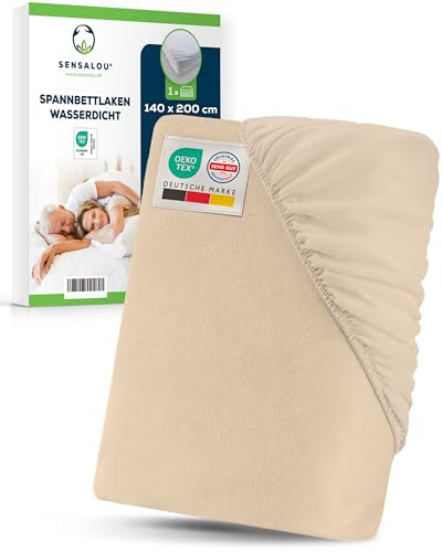Sensalou Wasserdichtes Spannbettlaken 140x200 cm - Beige Matratzenschoner | Atmungsaktiver Nässeschutz mit Frottee Oberfläche - Matratzenschutz für Boxspringbett - Öko-Tex & Dermatest - Waschbar 95°C