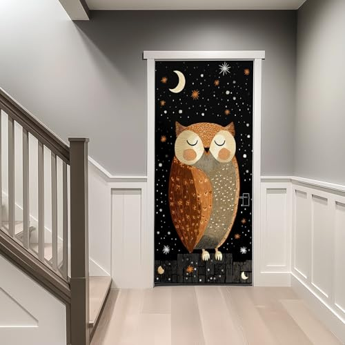 Türtapete selbstklebend TürPoster - Cartoon Tiere Eule Stern - Fototapete Türfolie Poster Tapete Schwarz 77 x 200 cm Türaufkleber Selbstklebend DIY Türbild