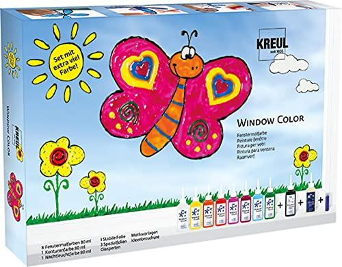 KREUL 42752, Window Color Set, 10 x 80 ml colori per finestre, include contorno nero e colore fosforescente, per bambini creativi, fogli, perline di vetro e modelli