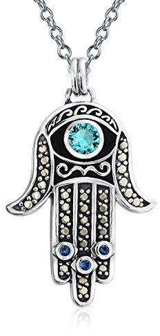 Bling Jewelry Grande Yoga Cubic Zirconia Blue CZ Amuleto Talismano Malocchio Hamsa Mano Di Dio Stella Di David Ciondolo Collana Per Donne Per Adolescente Nero Ossidato .925 Argento
