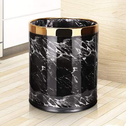 Trash Can Poubelle de bureau de luxe en métal avec couvercle en cuir, double couche, forme ronde (marbre noir avec anneau doré)