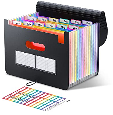 ThinkTex Ordner A4/Dokumentenmappe,12 Fächern Sortiermappe Fächermappe Datei Organizer mit Gummizug und Verschlußknopf,A4 Dokumententasche Aktenmappe Ordnungsmappe mit bunten Labeln