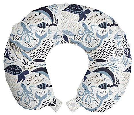 ABAKUHAUS Aqua Quallen Reisekissen Nackenstütze, Octopus Coral Schildkröte, Schaumstoff Reiseartikel für Flugzeug und Auto, 30x30 cm, Weiß und Blau