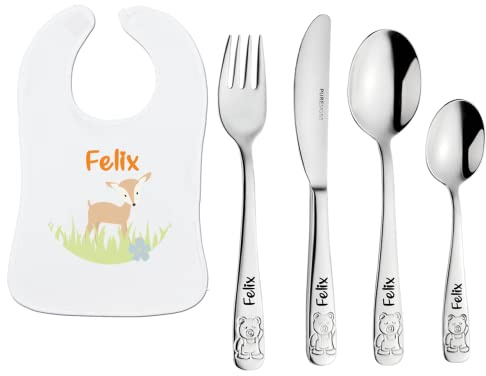 Geburtsgeschenk mit Namen: Kinderbesteck mit Gravur + Lätzchen mit Namen - Reh Geschenk Neugeborene (Junge/Mädchen)