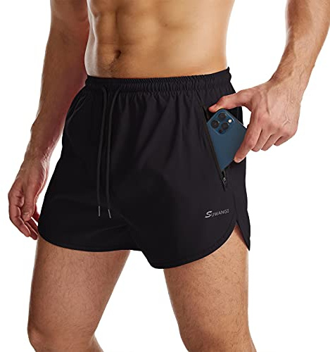 Suwangi Hommes Short de Course 2-in-1 Séchage Rapide Fitness d'Entraînement avec Poches Zippées, Noir L