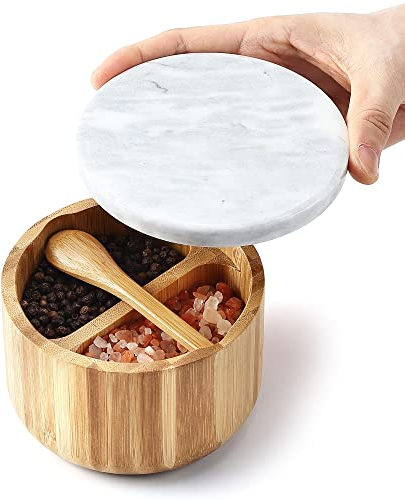 8SOM Bamboo Salt and Pepper Box with Marble Lid and Embedded Spoon, Well-sealed Dust Lid, Salt Cellar Bowl Container Keeper to Storage Pepper Spice Herb Sea Salt, Dual 5 Ounce Capacity