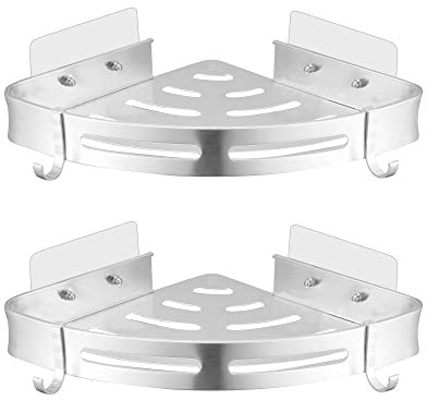 Bathroom Corner Shelf No Drilling Self Adhesive Shower Caddy Basket with 4 Hooks Space Aluminum Storage Rack Rustproof Wall Mounted Shower Organiser for Bathroom Accessories | Silver | 2 Pack