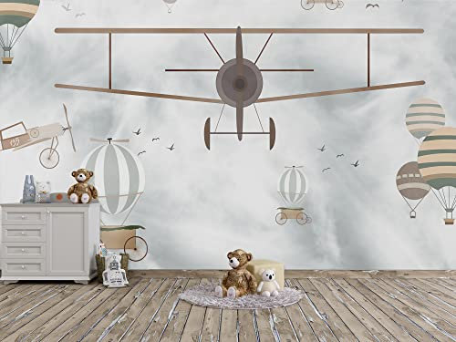 Oedim Fotomural Infantil Vinilo para Pared Avioneta y Globos Aerostáticos sobre Cielo, Mural, Fotomural Vinilo Decorativo, 400x300cm, Decoración comedores, Salones, Habitaciones