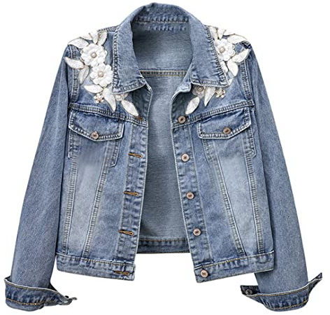 HEYDHSDC Spring 3D Floral Applikation Slim Fit Kurze Jeans Jacken Blumen Stickerei Perlen Bomber Denim Mantel, Hellblau, 36