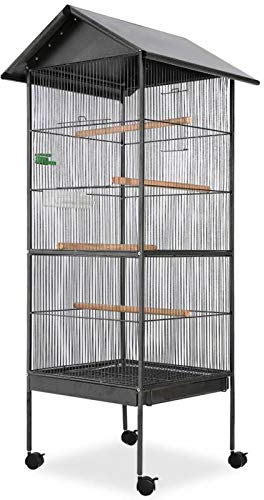 Yolola Vogelkäfig Großer mit Dach Vogelvoliere Vogelvoliere Innen Außen Aufzuchtkäfig Außenvoliere Käfig Vogelhaus Voliere Schwarz 66x66x155 cm Stahl