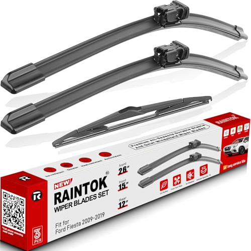 RAINTOK Scheibenwischerblätter, Ersatz für Ford Fiesta 2009–2017, Original-Fabrik-Qualität, vorne und hinten, Wischerblätter-Set für mein Auto, 66 cm, 38,1 cm, 30,5 cm (3 Stück) | Original Factory Qualität Vorne Hinten Allwetter Wischerblätter Set für My Car - 66cm/38.1 cm/12'' Top Lock