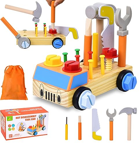 DAOUZL Herramientas Montessori, Cajas de Herramientas Educativas, Coche de Madera, Juguetes para Niños y Niñas de 2 a 4 Años