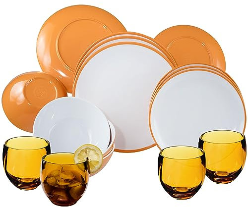 Melamin Geschirr und Acryl Glas Set für 4 Personen - 16 Teile - Campinggeschirr - gelb weiß - mit Trinkglas 400 ml Gold Gläsern - Essgeschirr