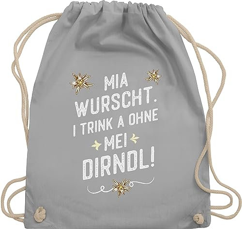 Shirtracer Turnbeutel Rucksack - Kompatibel mit Oktoberfest Tasche - Mia wurscht i trink a ohne mei Dirndl - Unisize - Hellgrau - trachtenrucksack bayrische taschen trachtentaschen bayrisch baumwolle