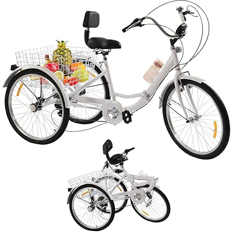 BJTDLLX 24 tums vikbar trehjuling trehjuling för vuxna trehjuling seniorer vuxenhjul Ungrade 7 växlar 3-hjuls cykel med korg och ljus | EU-stav (vit)