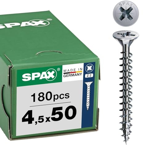SPAX Universalschrauben 4,5x50 mm, 180 St., Senkkopf Z2, Vollgewinde, WIROX | Kreuzschlitz Z2 Senkkopfschrauben mit WIROX Beschichtung fuer Holzverbindungen im Innen- und geschuetzten Aussenbereich